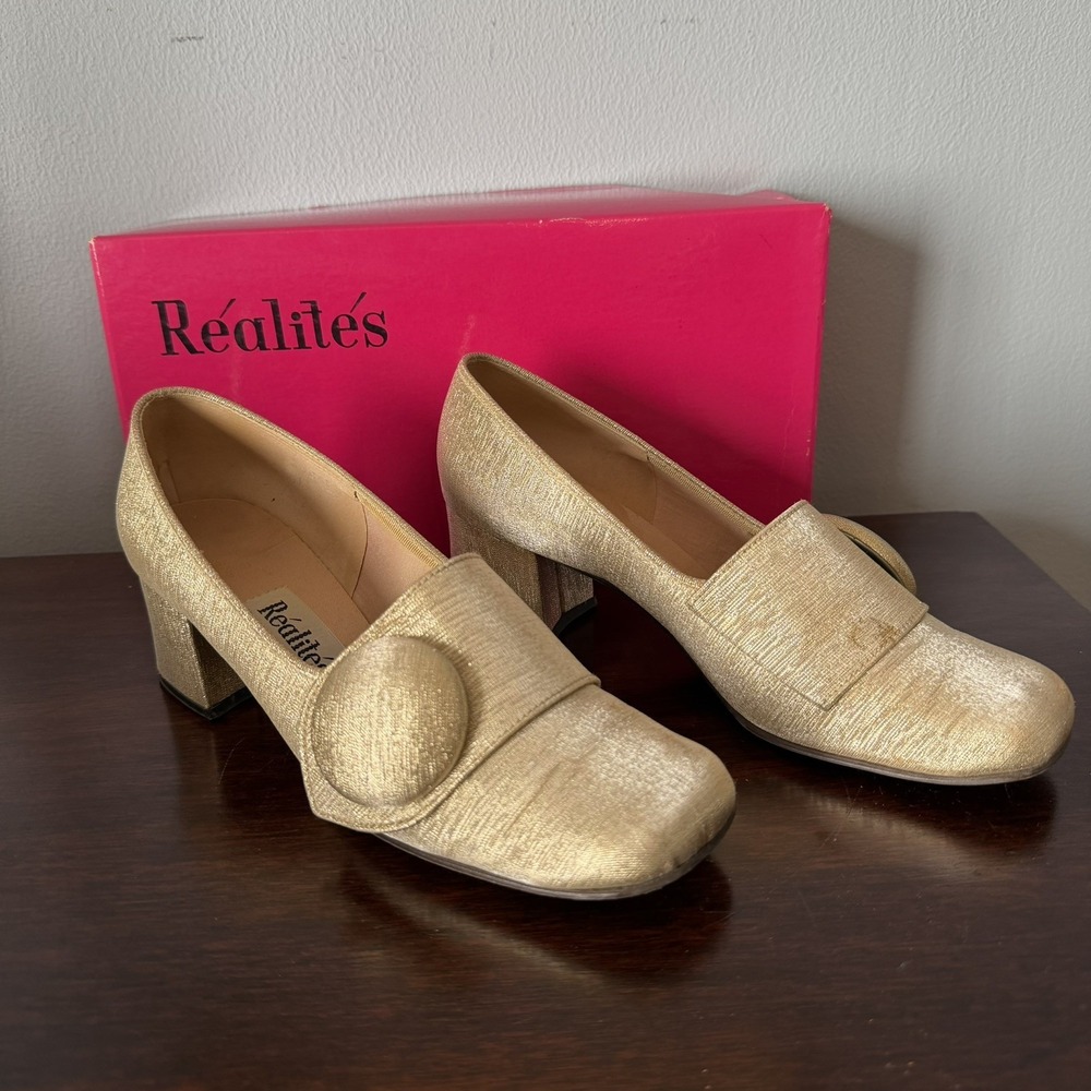 VTG 50 60s MOD Retro Realites Original Square Toe Chunky Heel Gold Pumps Sparkle